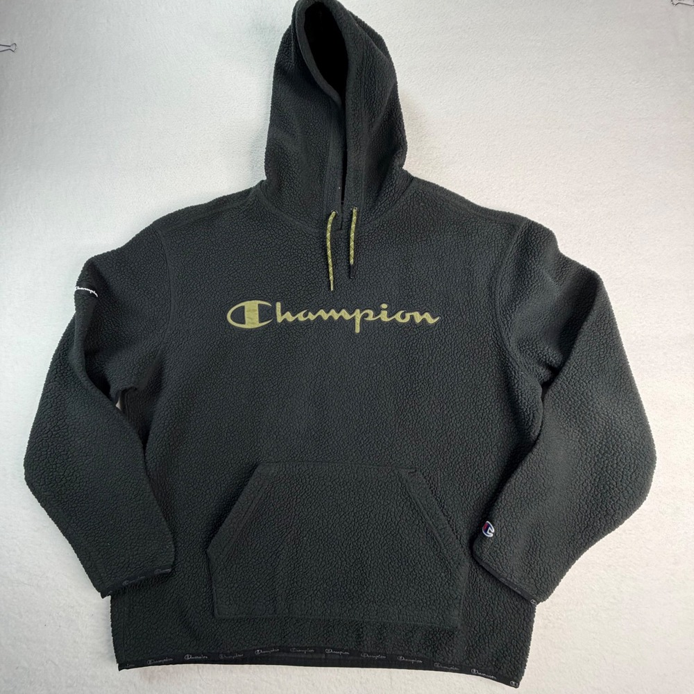 Champion Mens Sherpa Fleece Hoodie Black Gold Embroidered Logo Size Large - Picture 1 of 7